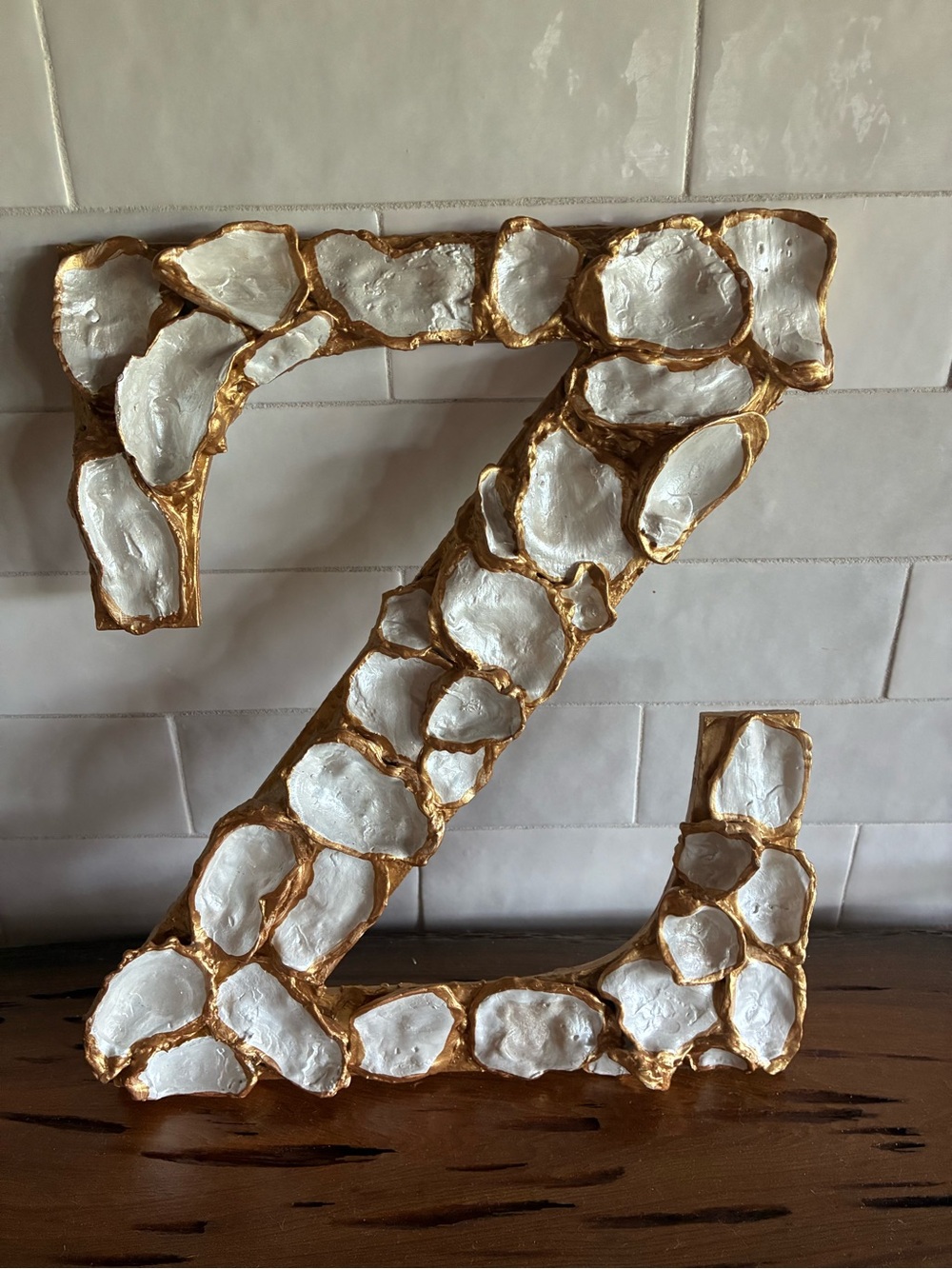Decorative Letter Z with White Oyster Shell Accents and Gold Edging